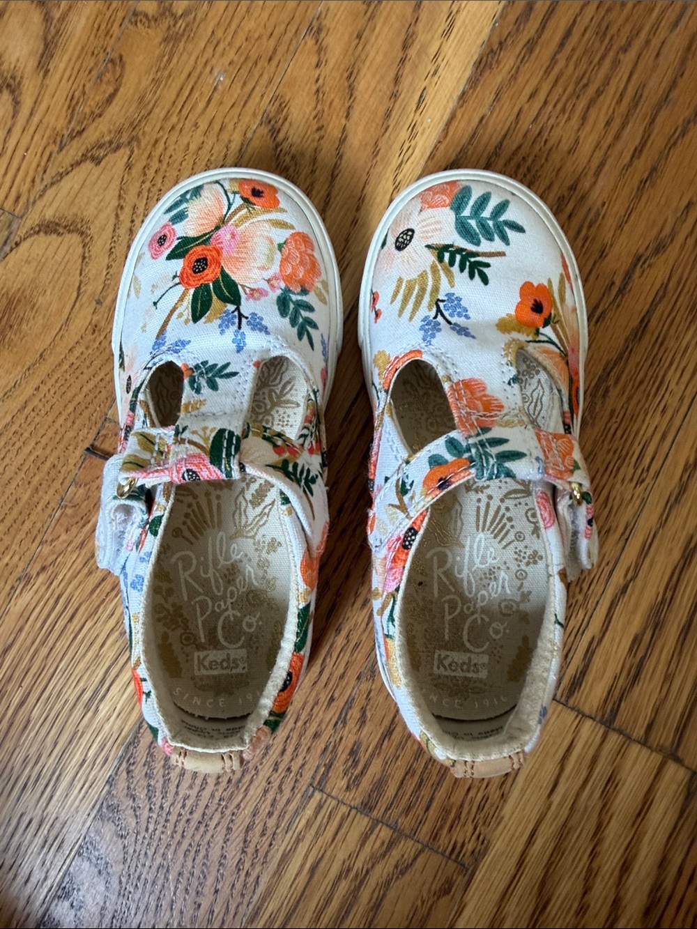 Keds Girls Floral Mary Janes in Cream with Orange & Pink